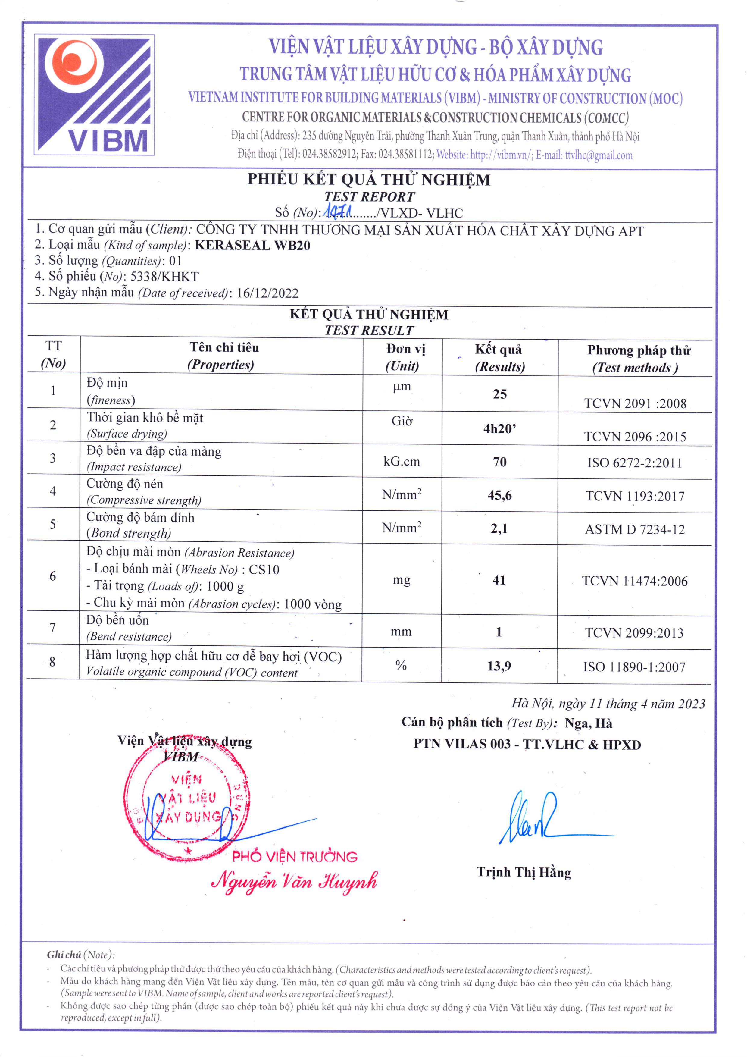 Kết quả thử nghiệm sơn phủ WB20. Kết quả thử nghiệm sơn phủ WB20.