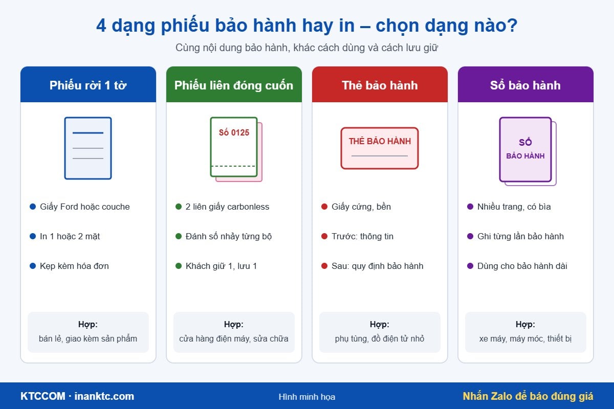 4 dạng phiếu bảo hành hay in Hình minh họa so sánh 4 dạng phiếu bảo hành: phiếu rời, phiếu liên đóng cuốn, thẻ bảo hành và sổ bảo hành