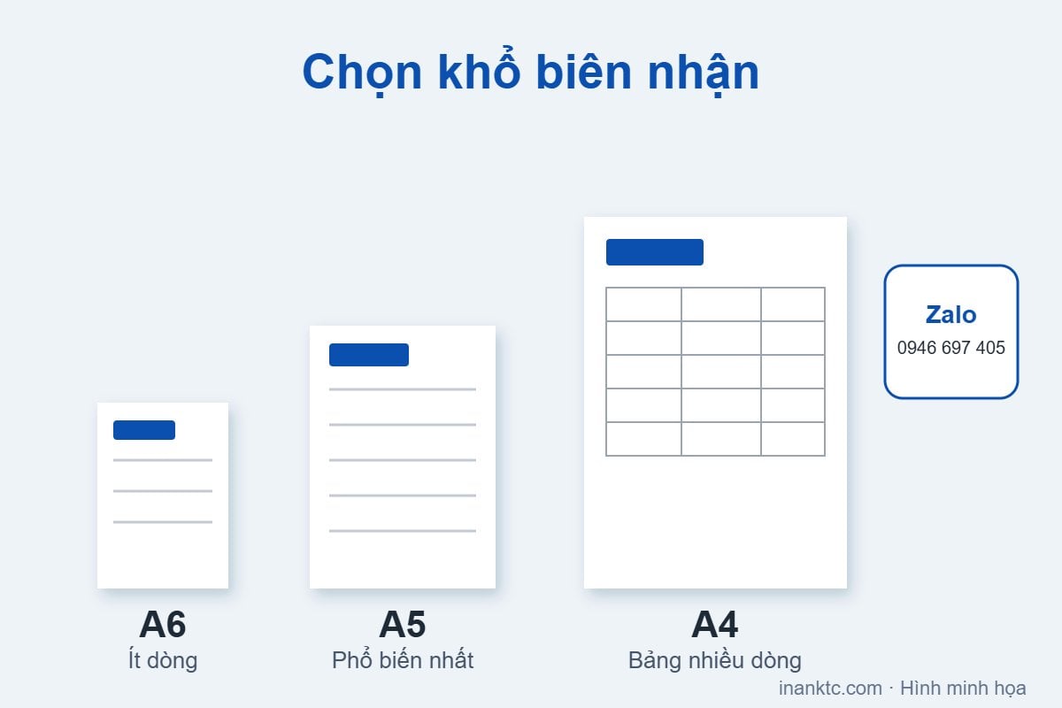 Chọn khổ in biên nhận A6, A5, A4 theo số dòng cần ghi