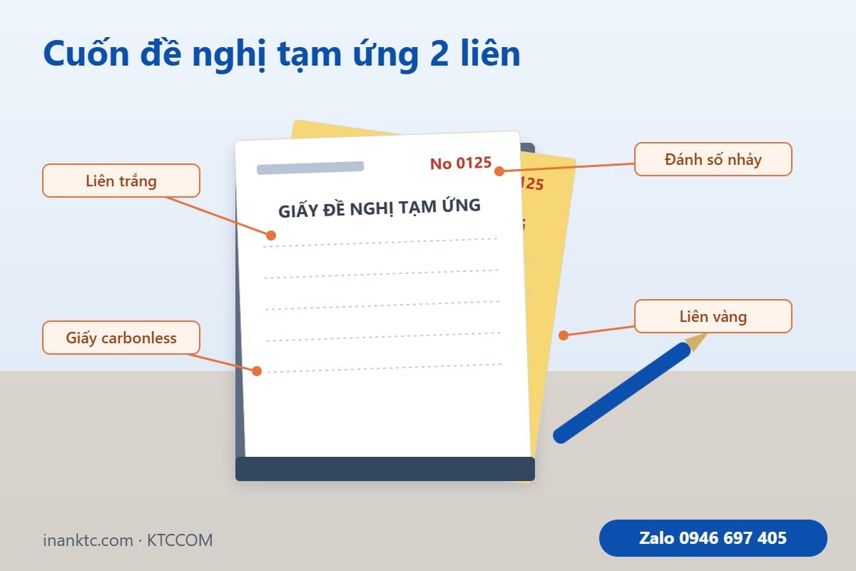 Cuốn giấy đề nghị tạm ứng 2 liên trắng vàng, giấy carbonless, đánh số nhảy