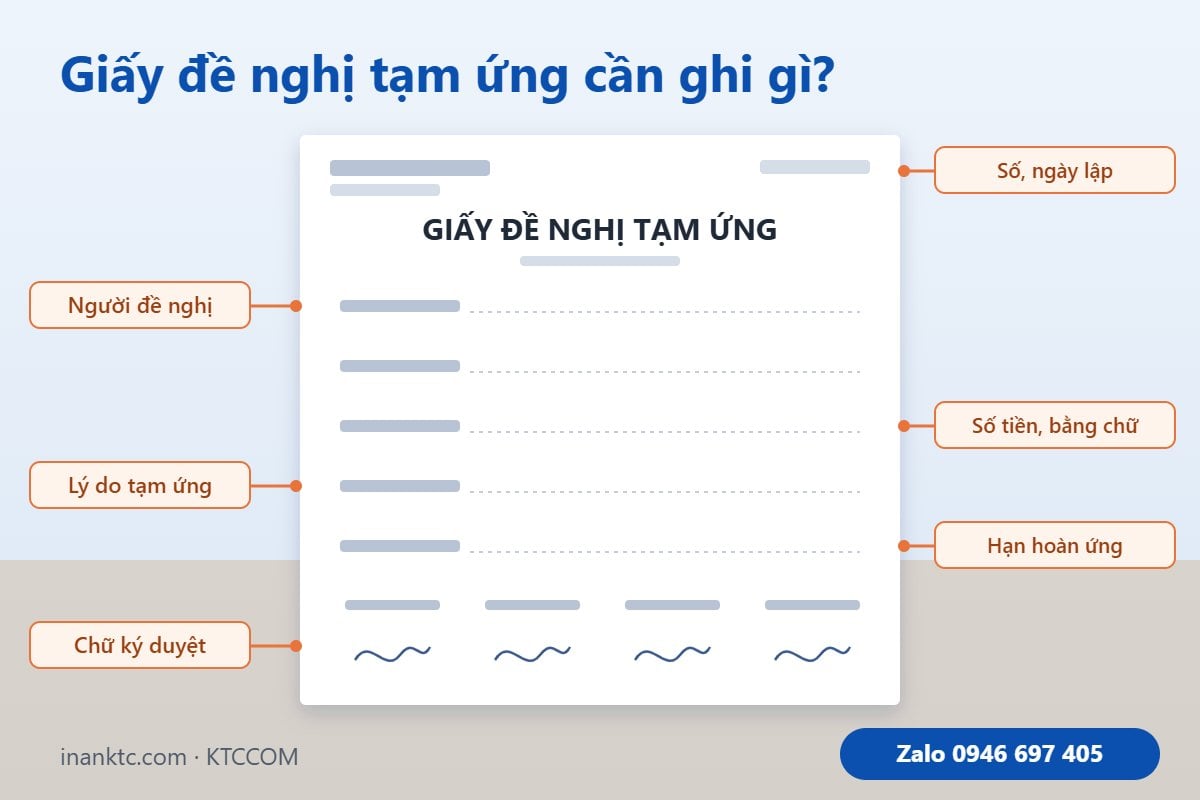Bố cục mẫu giấy đề nghị tạm ứng: người đề nghị, số tiền bằng chữ, lý do tạm ứng, hạn hoàn ứng, chữ ký duyệt