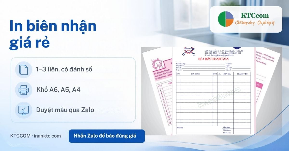 In biên nhận giá rẻ tại xưởng KTCCOM - cuốn biên nhận 1 đến 3 liên có đánh số
