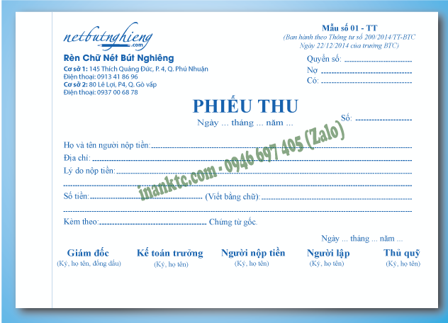 Mẫu in phiếu thu Mẫu in phiếu thu
