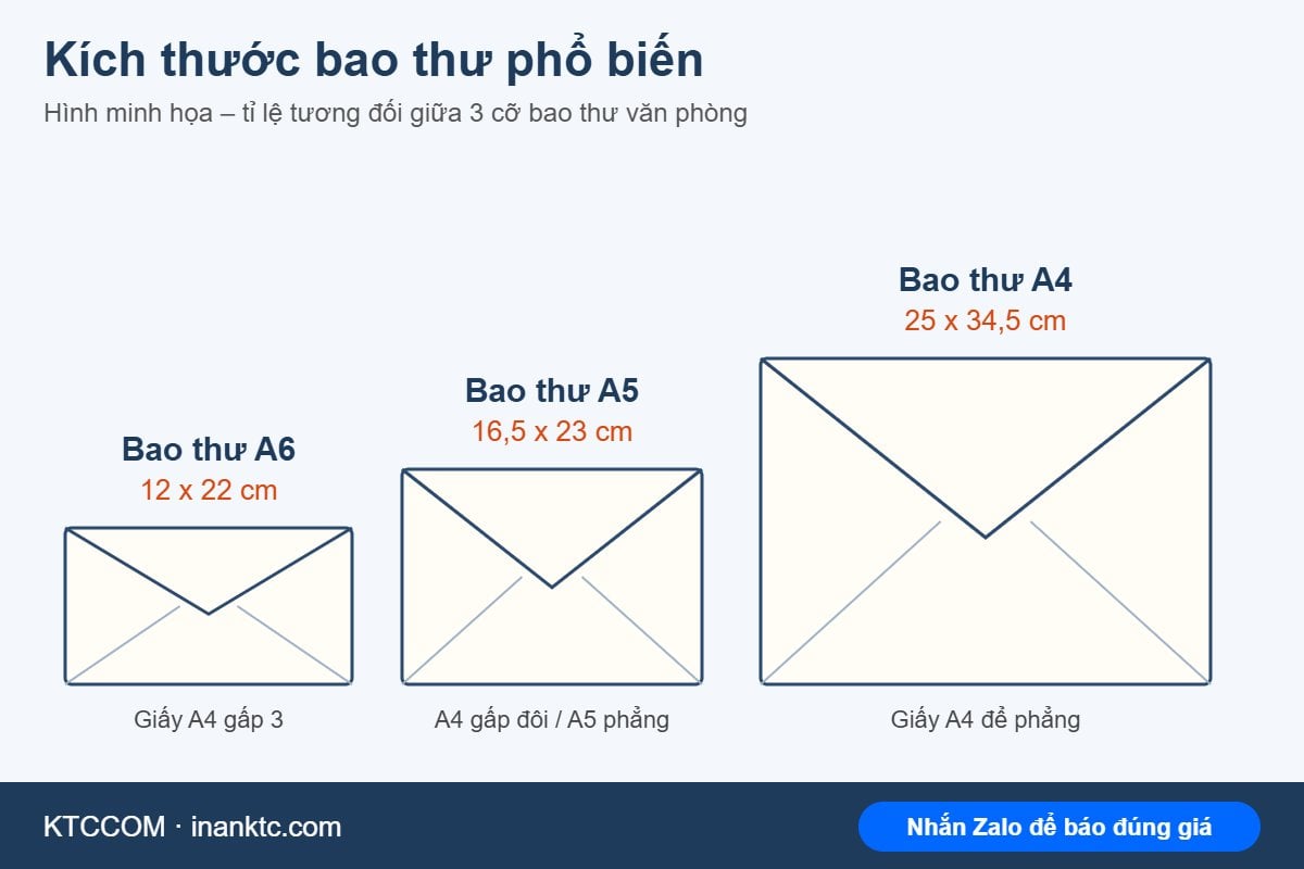 Kích thước bao thư phổ biến: A6, A5, A4 Hình minh họa so sánh kích thước bao thư A6 12x22, A5 16,5x23 và A4 25x34,5 cm