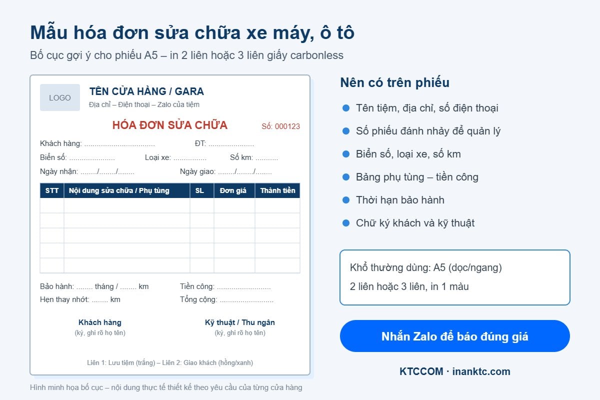 Mẫu hóa đơn sửa chữa xe máy, ô tô Hình minh họa mẫu hóa đơn sửa chữa xe máy, ô tô khổ A5 2 liên