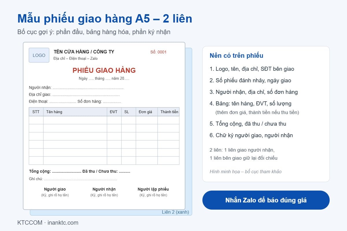 Bố cục mẫu phiếu giao hàng A5 2 liên Bố cục mẫu phiếu giao hàng A5 2 liên với bảng hàng hóa và ô ký nhận