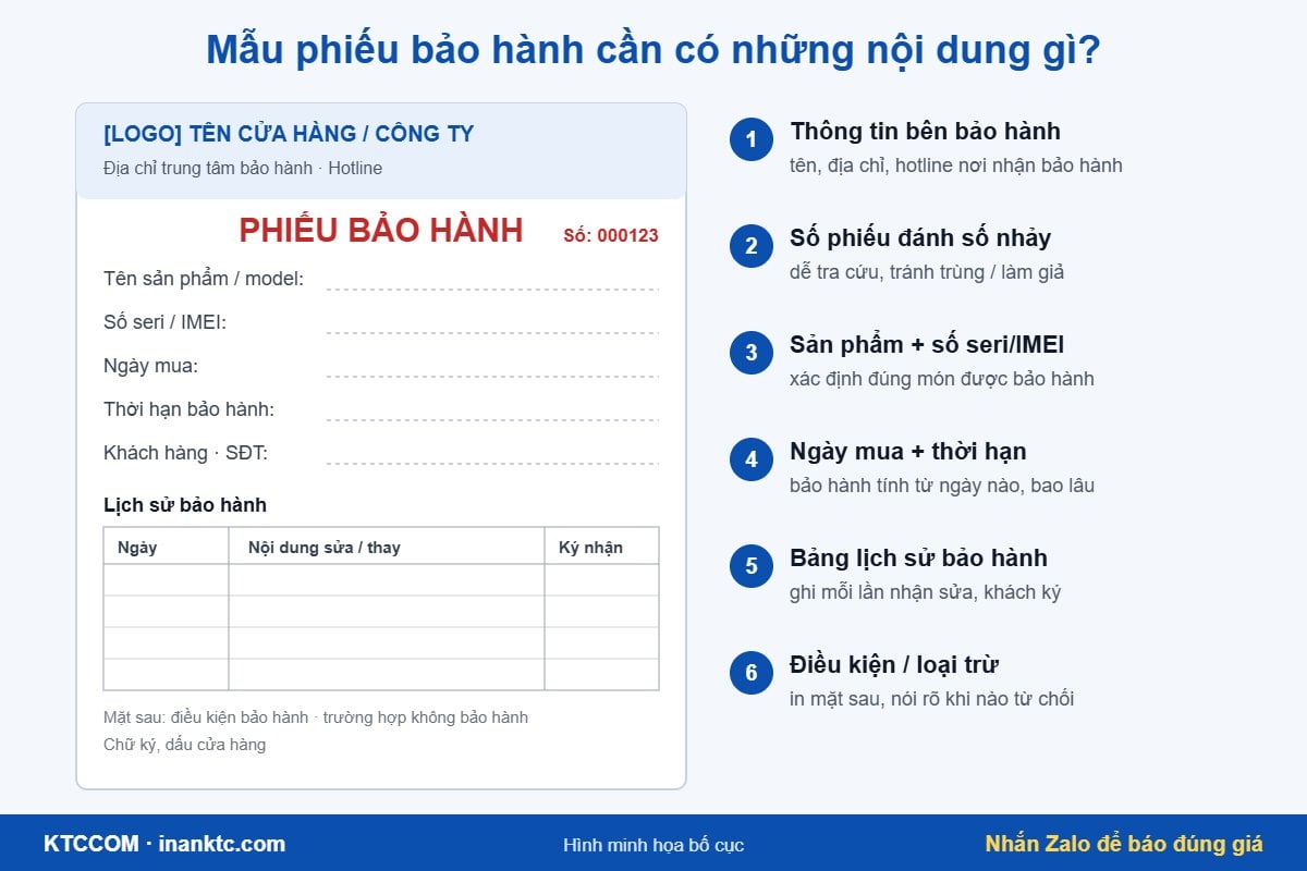Nội dung cần có trên mẫu phiếu bảo hành Hình minh họa bố cục mẫu phiếu bảo hành với số phiếu, số seri, thời hạn và bảng lịch sử bảo hành