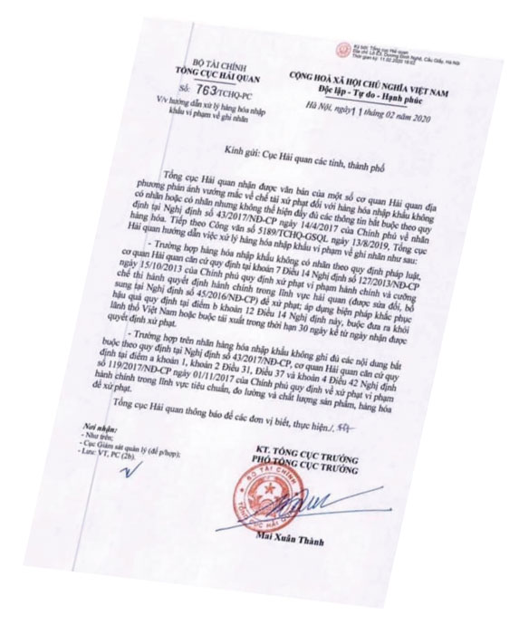 Công văn hướng dẫn xữ lý hàng hóa nhập khẩu vi phạm về ghi nhãn Quy định in tem nhãn phụ mơi