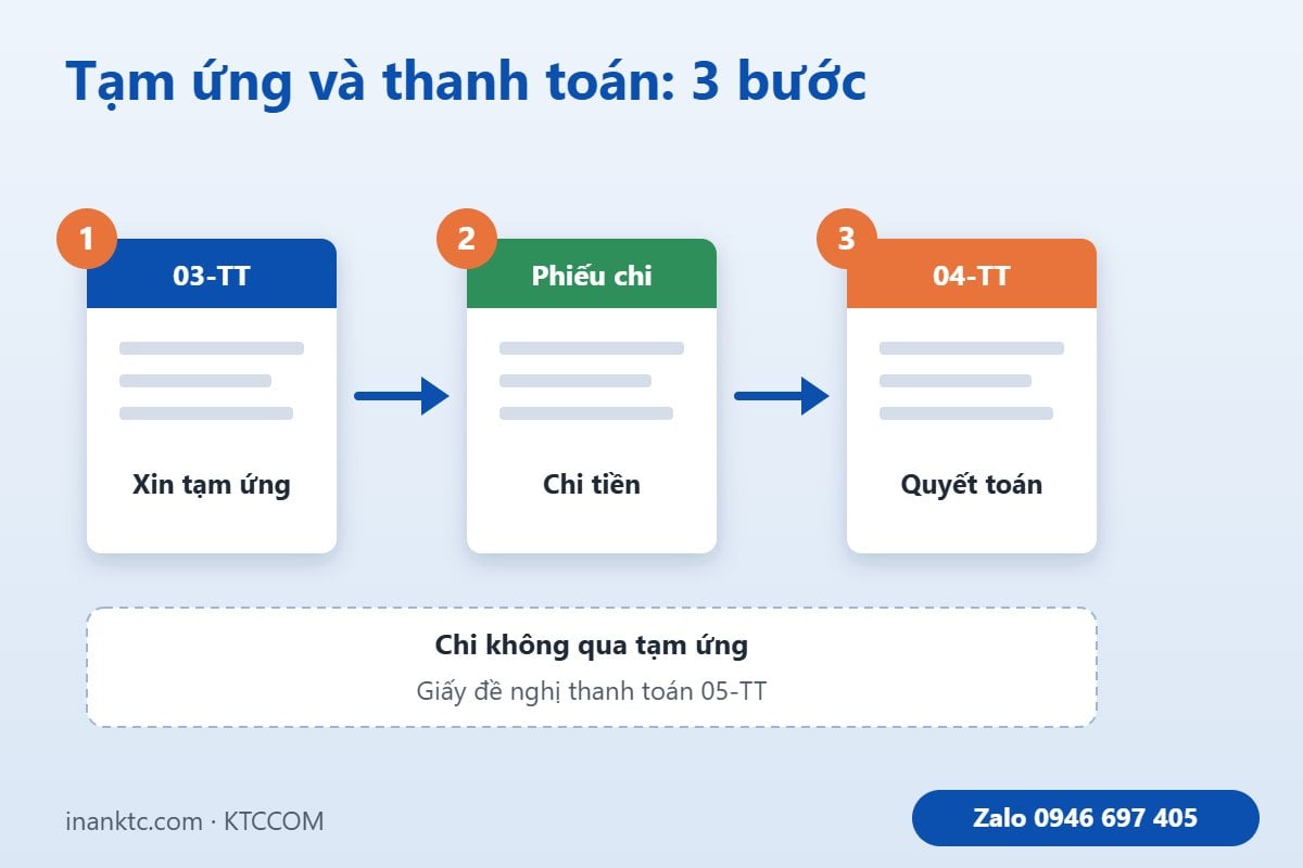 Quy trình tạm ứng và thanh toán: giấy đề nghị tạm ứng 03-TT, phiếu chi, giấy thanh toán tạm ứng 04-TT, giấy đề nghị thanh toán 05-TT