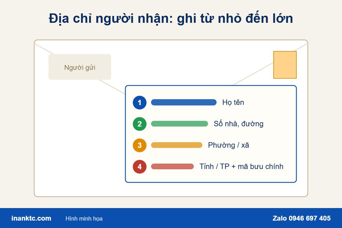 Thứ tự ghi địa chỉ người nhận trên bao thư: họ tên, số nhà đường, phường xã, tỉnh thành phố và mã bưu chính