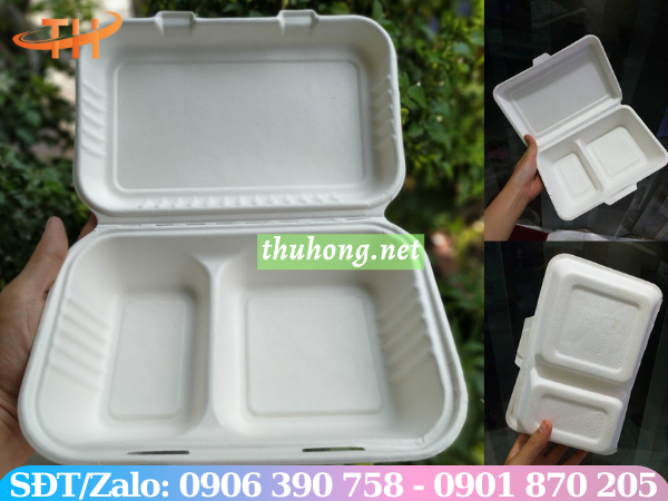 Hộp cơm bã mía 2 ngăn nắp liền