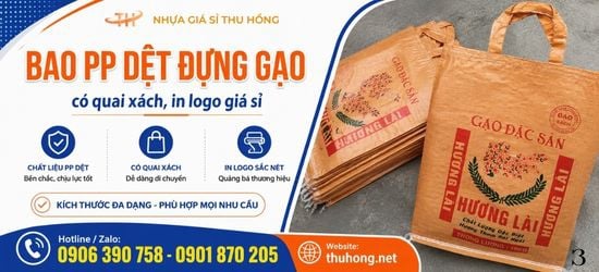Bao PP dệt đựng gạo có quai xách, in logo giá sỉ