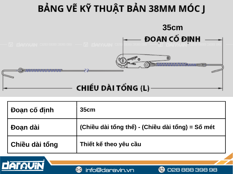 Bảng vẽ kỹ thuật dây chằng hàng tăng đơ bản 38mm tải 2 tấn móc J