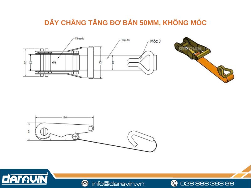 Bảng vẽ kỹ thuật dây chằng tăng đơ bản 50mm móc j tải 2 tấn