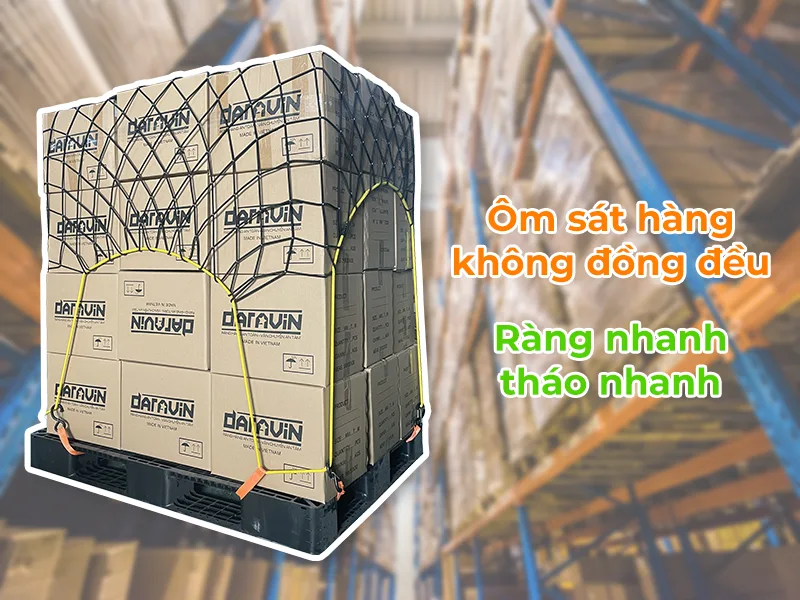 Lưới thun quấn pallet phù hợp kho logistics và phân phối, giúp ôm sát pallet không đồng đều, ràng tháo nhanh và vận hành linh hoạt