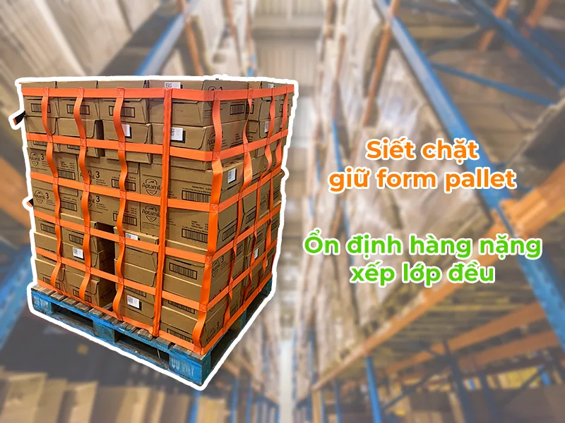 Lưới dây bẹ quấn pallet phù hợp kho sản xuất và kho nội bộ, giúp giữ form pallet tải nặng ổn định khi di chuyển nhiều lần