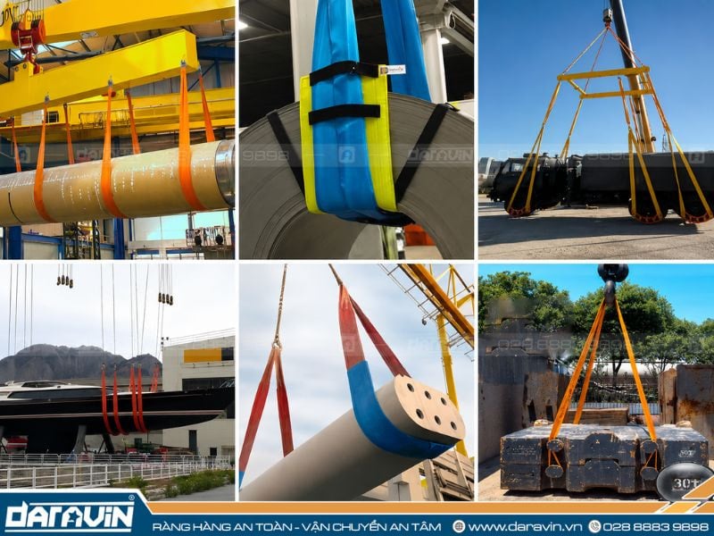 Dây cáp vải cẩu hàng được sử dụng trong xây dựng, cơ khí, kho bãi, logistics, cảng biển và nâng hạ các loại hàng cần hạn chế trầy xước bề mặt