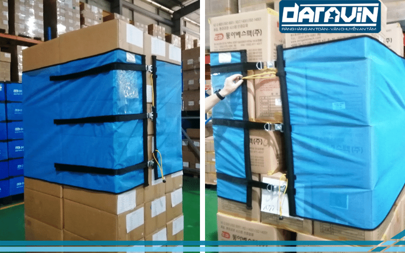Hình thực tế thử nghiệm mẫu lưới quấn pallet DARAVIN trong kho hàng DONG-A BESTECH VINA Hình thực tế thử nghiệm mẫu lưới quấn pallet DARAVIN trong kho hàng DONG-A BESTECH VINA