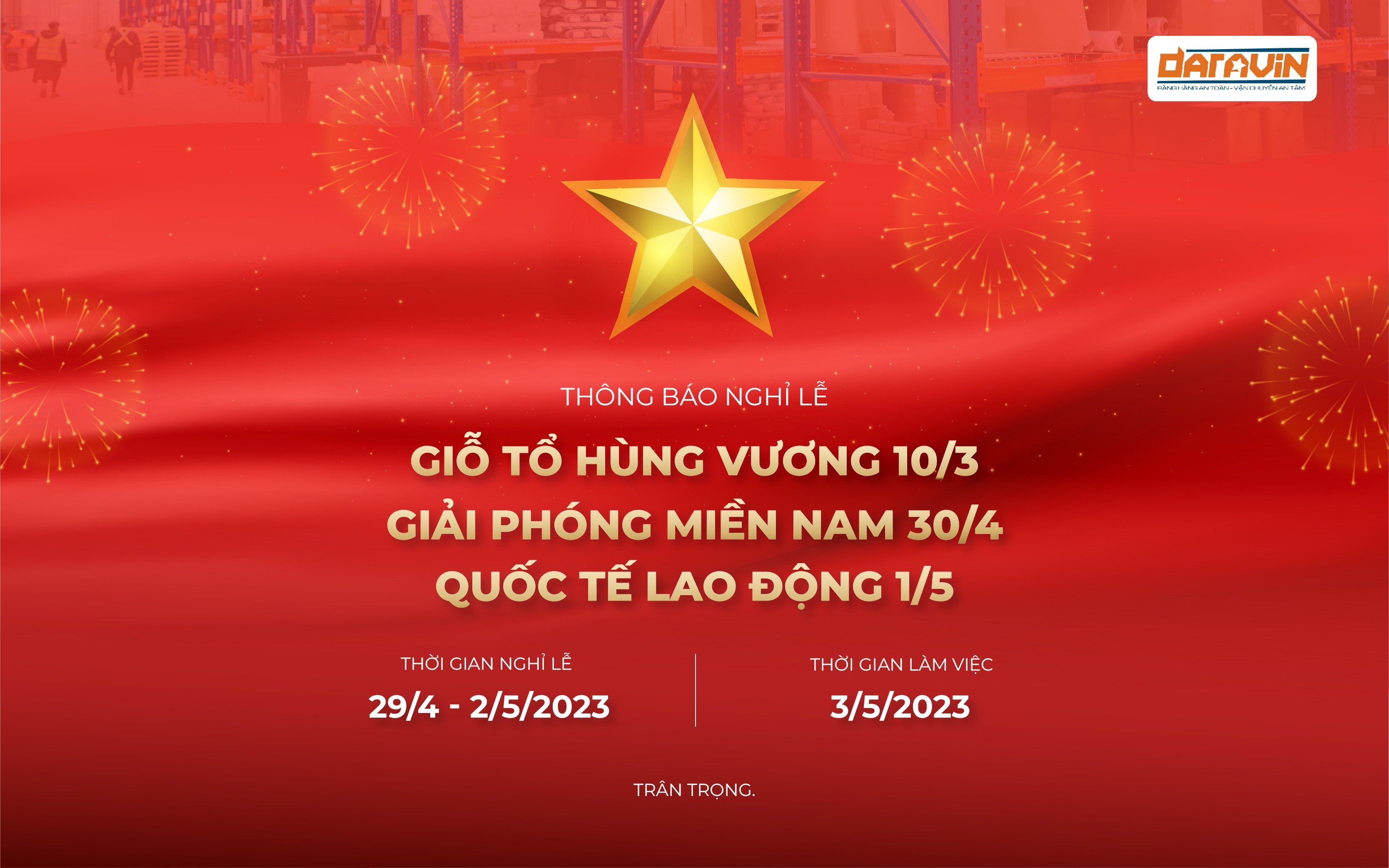 Lịch nghỉ lễ 30/4 và 1/5 năm 2023 của thương hiệu DARAVIN Lịch nghỉ lễ 30/4 và 1/5 năm 2023 của thương hiệu DARAVIN