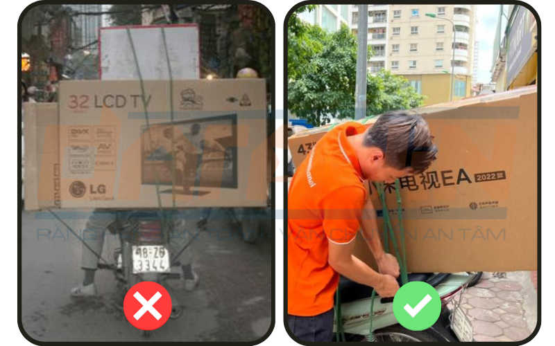 Những trường hợp đúng và sai khi ràng tivi lên xe máy Những trường hợp đúng và sai khi ràng tivi lên xe máy