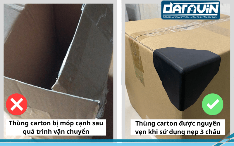 So sánh tình trạng 2 thùng carton có sử dụng và không sử dụng nẹp góc 3 chấu So sánh tình trạng 2 thùng carton có sử dụng và không sử dụng nẹp góc 3 chấu