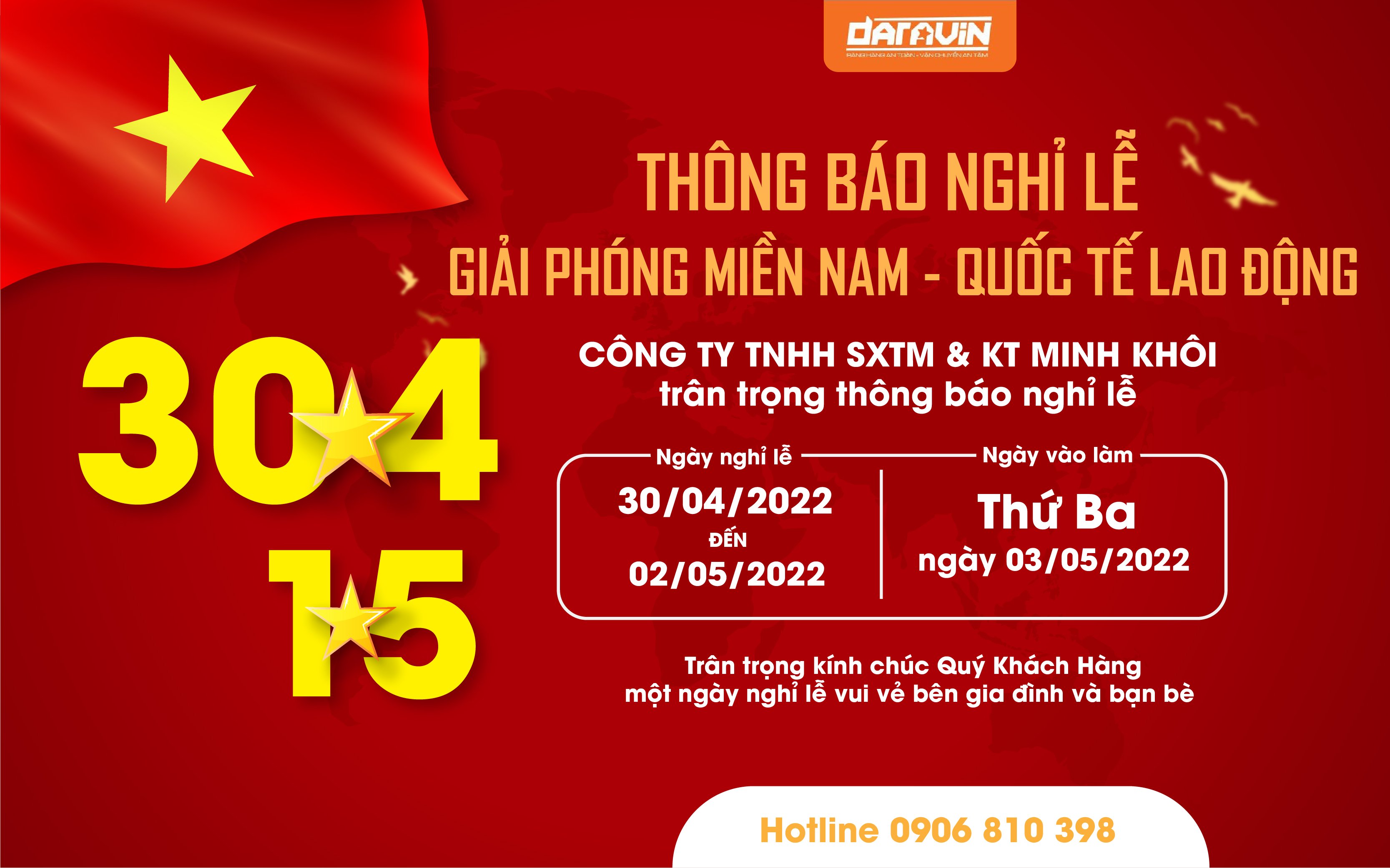 Thông báo nghỉ lễ 30/4 và 1/6 đến khách hàng của DARAVIN Thông báo nghỉ lễ 30/4 và 1/6 đến khách hàng của DARAVIN