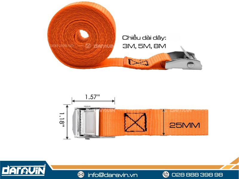 Thông số kỹ thuật dây chằng khóa cam bản 25mm tải 250kg không móc