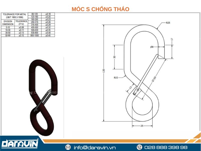 Thông số kỹ thuật móc s chống tháo bản 25mm tải 0.8 tấn