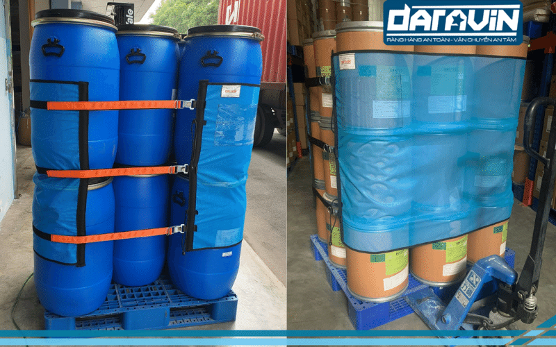 Thử nghiệm ràng các thùng phi hóa chất bằng lưới quấn pallet DARAVIN Thử nghiệm ràng các thùng phi hóa chất bằng lưới quấn pallet DARAVIN