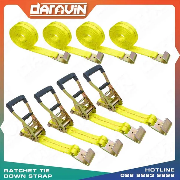 4-Piece Set of Ratchet Tie Down Straps with Plastic Handle and Flat Hooks