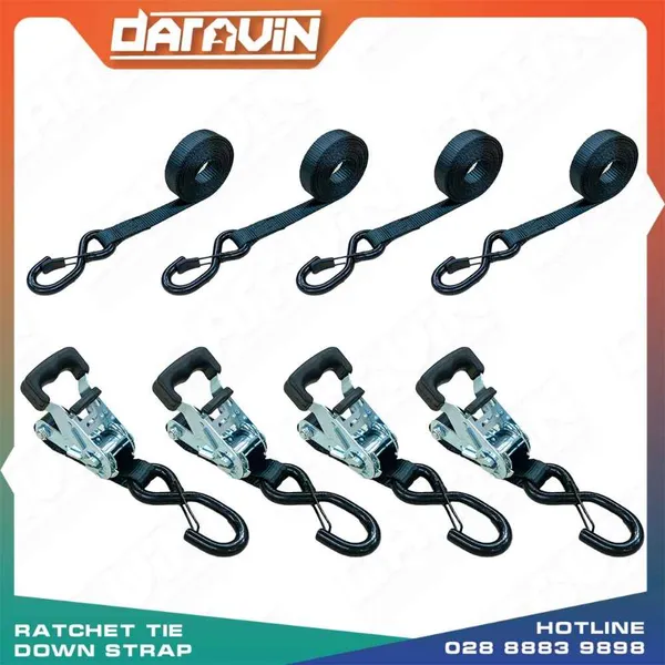4-Piece Set of Ratchet Tie Down Straps with S Hook and Latch