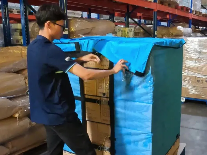 TEST LƯỚI QUẤN PALLET CÓ VẢI TRÙM CHO CÔNG TY CHẾ BIẾN DỪA Á CHÂU