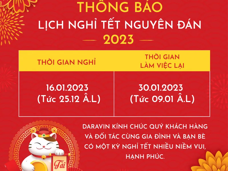 DARAVIN THÔNG BÁO LỊCH NGHỈ TẾT 2023 ĐẾN QUÝ KHÁCH HÀNG VÀ ĐỐI TÁC