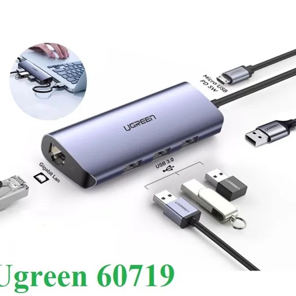 Bộ chia USB 3.0 ra 3 cổng USB 3.0 + Lan Gigabit 1000Mbps Ugreen 60719