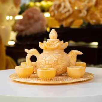 Ấm Chén Đá Tự Nhiên - Ấm Trà Khay Tròn Chạm Khắc Rồng Ngọc Hoàng Long - M2380