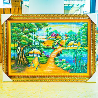 Tranh Đá Phong Thủy | Tranh Đá Quý Cao Cấp | Tranh Đá Quý Phong Cảnh | Tranh Làng Quê Chất Liệu Đá Quý Tự Nhiên 100% - Kích Thước: 1m45 x 1m05 AT017