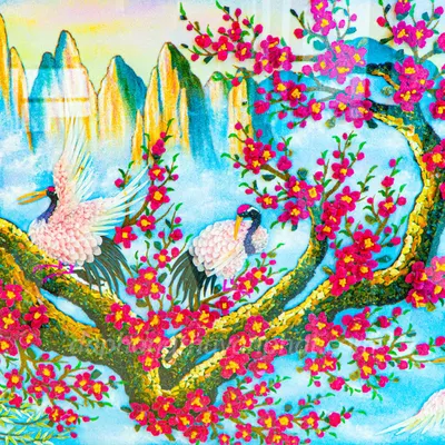 Tranh Đá Phong Thủy | Tranh Đá Quý Cao Cấp | Tranh Đá Quý Phong Cảnh | Tranh Đào Hạc Đón Khách Chất Liệu Đá Quý Tự Nhiên 100% - Kích Thước: 1m92 x 1m12 AT015
