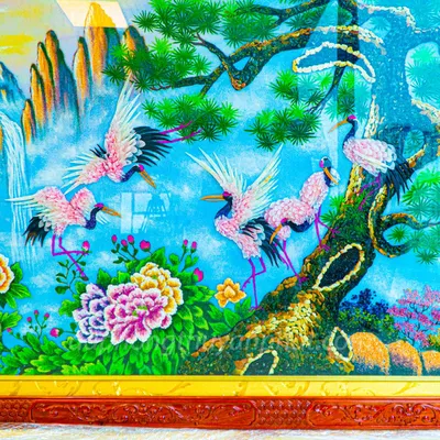 Tranh Đá Phong Thủy | Tranh Đá Quý Cao Cấp | Tranh Đá Quý Phong Cảnh | Tranh Tùng Hạc Diên Niên Chất Liệu Đá Quý Tự Nhiên 100% - Kích Thước: 1m92 x 1m12