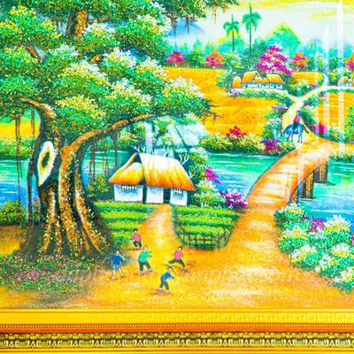 Tranh Đá Phong Thủy | Tranh Đá Quý Cao Cấp | Tranh Đá Quý Phong Cảnh | Tranh Làng Quê Chất Liệu Đá Quý Tự Nhiên 100% - Kích Thước: 1m45 x 1m05 AT017