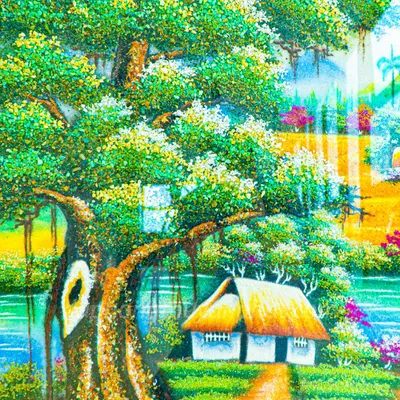 Tranh Đá Phong Thủy | Tranh Đá Quý Cao Cấp | Tranh Đá Quý Phong Cảnh | Tranh Làng Quê Chất Liệu Đá Quý Tự Nhiên 100% - Kích Thước: 1m45 x 1m05 AT017