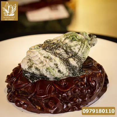 Thiềm Thừ Ngọc | Thiềm Thừ Ngọc Phỉ Thúy | Thiềm Thừ (Cóc 3 Chân, Cóc Ngậm Tiền) Ngọc Jadeit Tự Nhiên Cao Cấp, Đã Lên Đế Gỗ - M0693