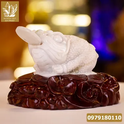 Thiềm Thừ Ngọc | Thiềm Thừ Ngọc Phỉ Thúy | Thiềm Thừ (Cóc 3 Chân, Cóc Ngậm Tiền) Ngọc Jadeit Tự Nhiên Cao Cấp, Đã Lên Đế Gỗ - M14593