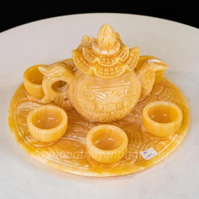 Ấm Chén Đá Tự Nhiên - Ấm Trà Khay Tròn Chạm Khắc Rồng Ngọc Hoàng Long - M2380