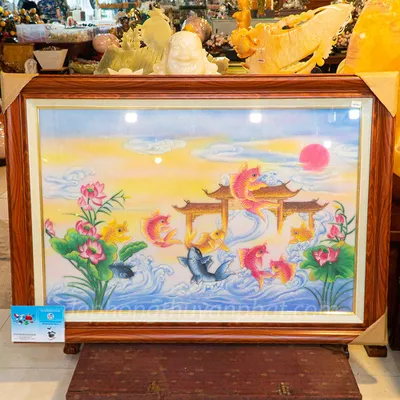 Tranh Đá Phong Thủy | Tranh Đá Quý Cao Cấp | Tranh Đá Quý Phong Cảnh  - Tranh Cá Chép Vượt Vũ Môn Chất Liệu Đá Quý Tự Nhiên | M1880 - 1m45 x 1m05