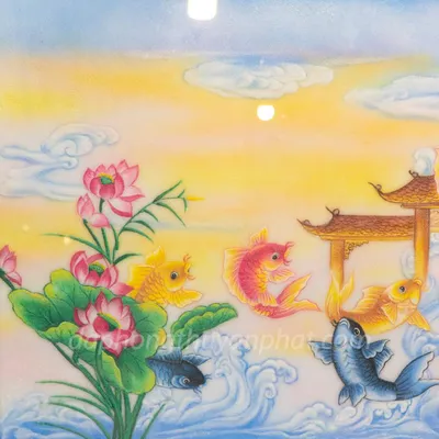 Tranh Đá Phong Thủy | Tranh Đá Quý Cao Cấp | Tranh Đá Quý Phong Cảnh  - Tranh Cá Chép Vượt Vũ Môn Chất Liệu Đá Quý Tự Nhiên | M1880 - 1m45 x 1m05