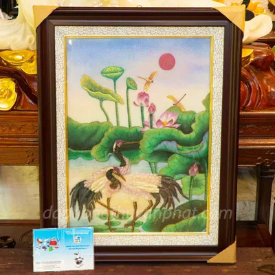 Tranh Đá Phong Thủy | Tranh Đá Quý Cao Cấp | Tranh Đá Quý Phong Cảnh - Tranh Sen Hạc Chất Liệu Đá Quý Tự Nhiên | M1294 - 70cm x 90cm