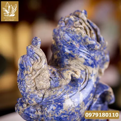 Quà Tặng Phong Thủy Cao Cấp "Thiềm Thừ (Cóc) Cưỡi Bắp Cải Lapiz Lazurite Xanh Tự Nhiên"  - M1563