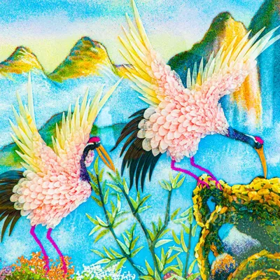 Tranh Đá Phong Thủy | Tranh Đá Quý Cao Cấp | Tranh Đá Quý Phong Cảnh | Tranh Đào Hạc Đón Khách Chất Liệu Đá Quý Tự Nhiên 100% - Kích Thước: 1m92 x 1m12 AT015