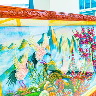 Tranh Đá Phong Thủy | Tranh Đá Quý Cao Cấp | Tranh Đá Quý Phong Cảnh | Tranh Đào Hạc Đón Khách Chất Liệu Đá Quý Tự Nhiên 100% - Kích Thước: 1m92 x 1m12 AT015