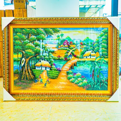 Tranh Đá Phong Thủy | Tranh Đá Quý Cao Cấp | Tranh Đá Quý Phong Cảnh | Tranh Làng Quê Chất Liệu Đá Quý Tự Nhiên 100% - Kích Thước: 1m45 x 1m05 AT017
